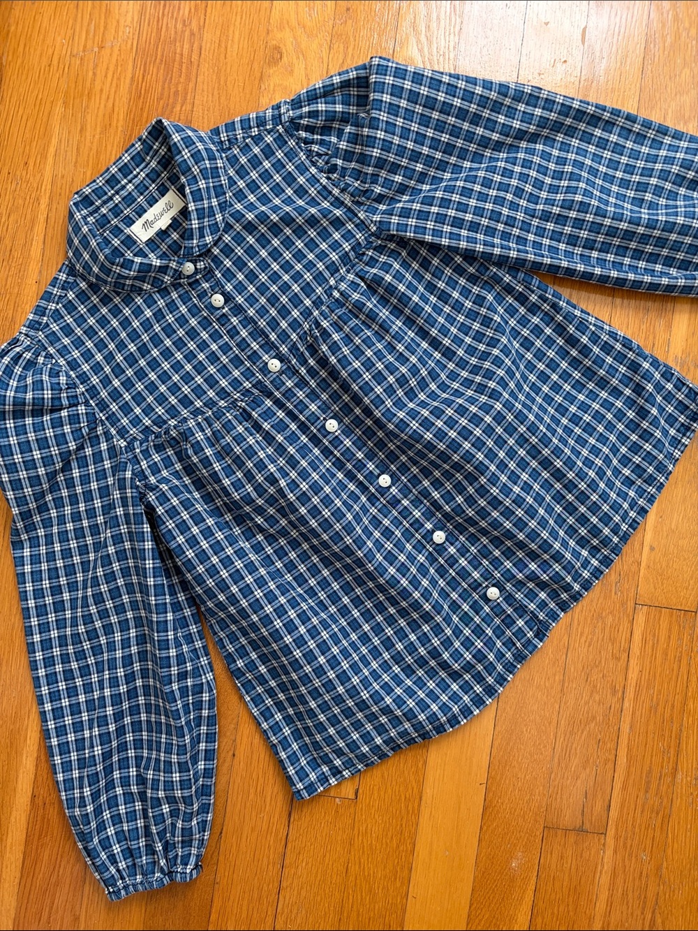 Madewell XXS Plaid Button Front Puff Sleeve Rounded Collar Blouse Top - Picture 11 of 12